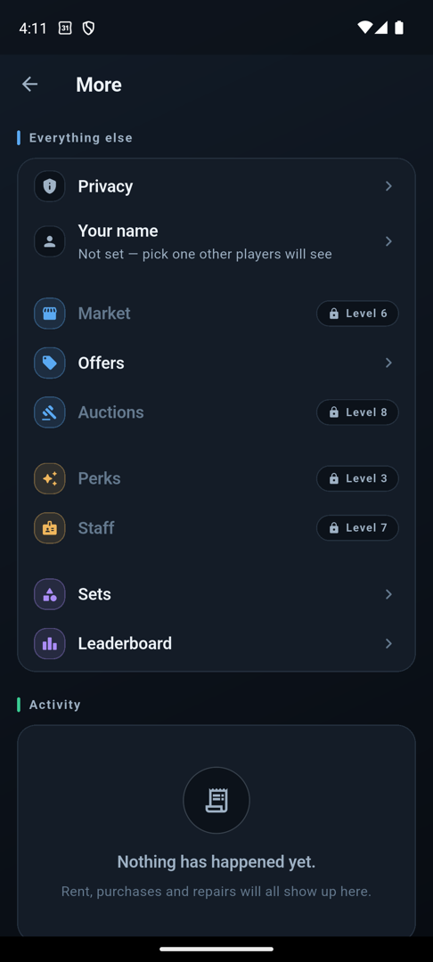 The More menu, showing the market, auctions, perks and staff locked behind levels